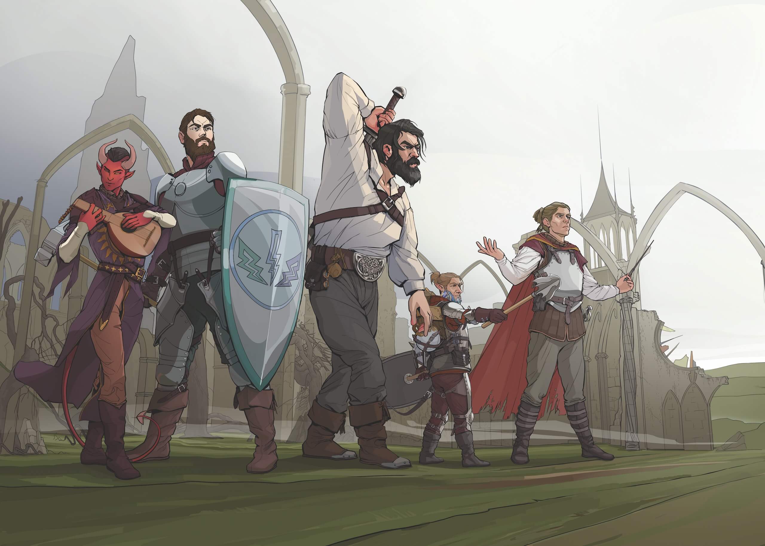One of my past D&D parties, including a Tiefling bard playing a lute, a gnome with a beard of feathers, a human cleric and barbarian, and my character, a human wizard.